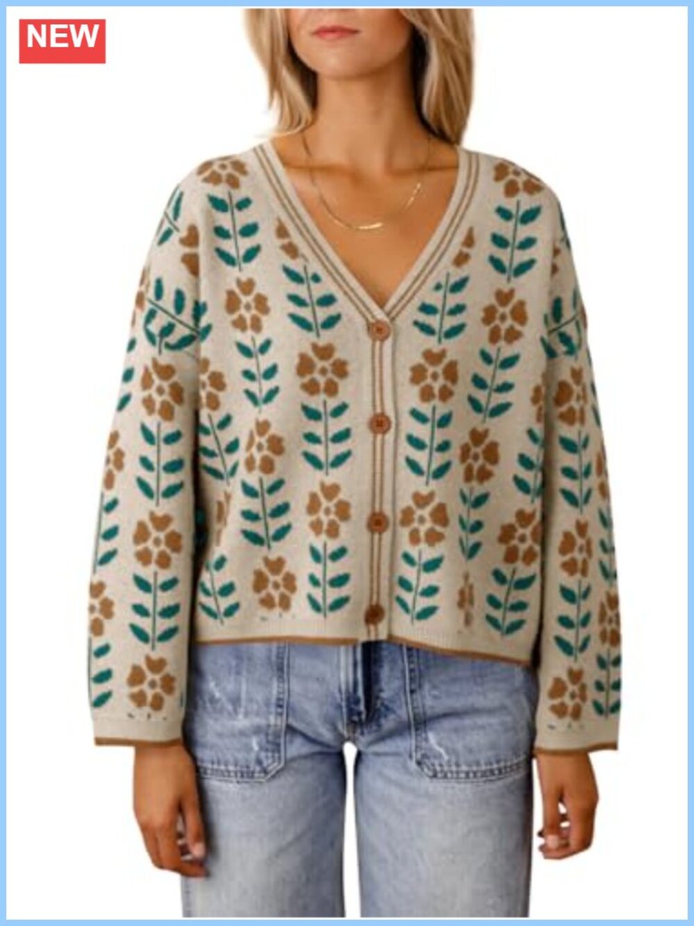 Floral Print V Neck Button Down Knit Cardigan Sweater Long Sleeve Loose Top